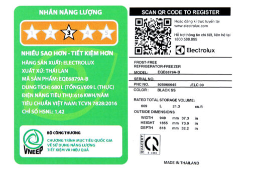 Tủ lạnh Electrolux Inverter 609 Lít EQE6879A-B