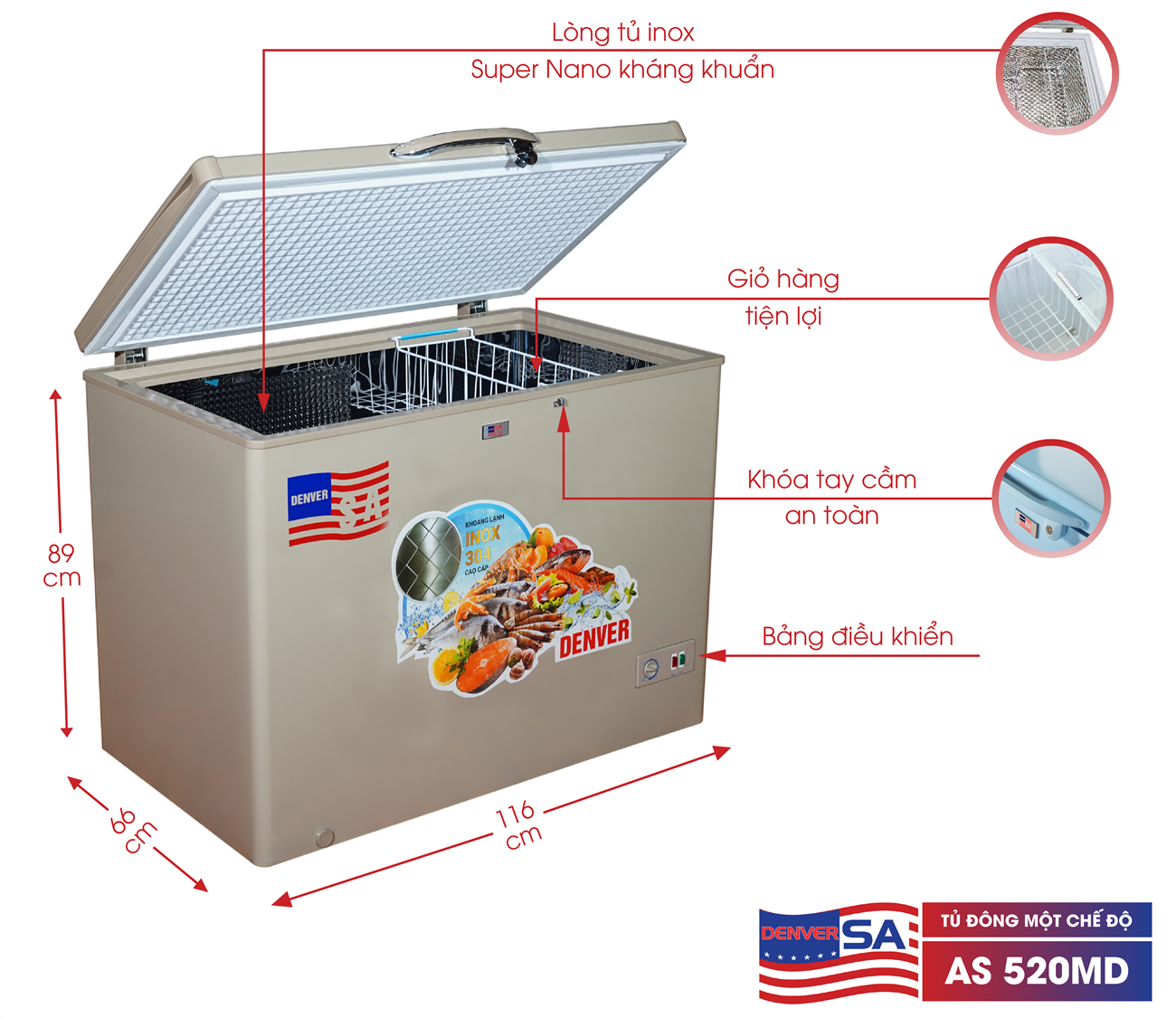 Tủ đông Denver AS 520MD - Lòng Inox