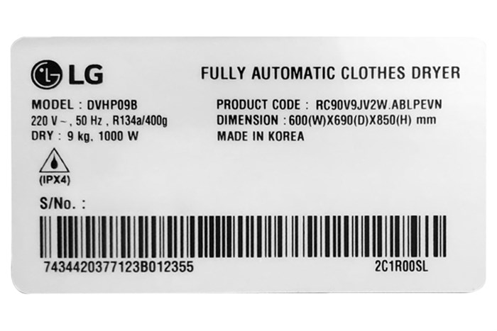 Máy sấy LG 9 Kg DVHP09B