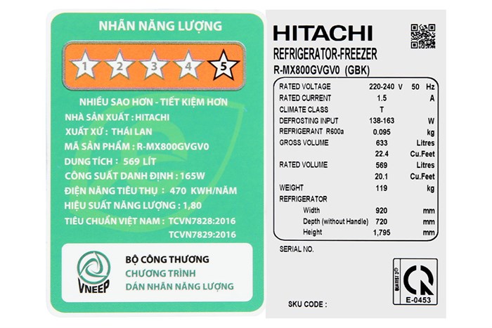 Tủ lạnh Hitachi R-MX800GVGV0 GBK 569 lít 3 cánh Inverter