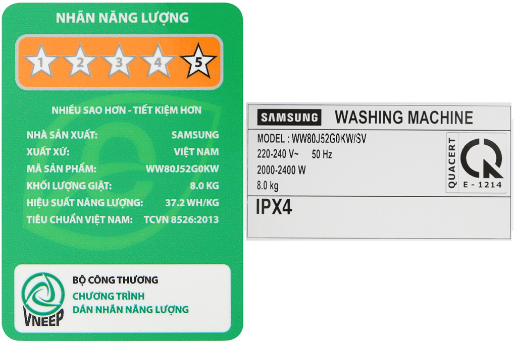 Máy giặt Samsung Inverter 8 kg WW80J52G0KW/SV
