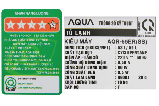 Tủ lạnh Aqua 50 lít AQR-55ER (SS) Xám Nhạt