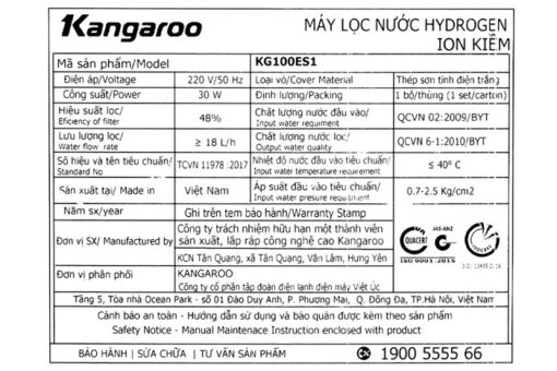 Máy lọc nước RO Hydrogen Kangaroo KG100ES1 5 lõi