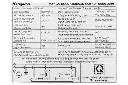 Máy lọc nước Kangaroo Hydrogen nóng lạnh KG10A10S