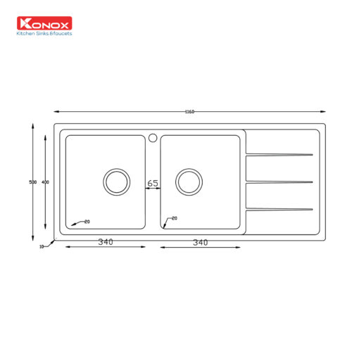 Chậu rửa Konox 116cm 2 hố Turkey sink Beta 1160 bàn phải