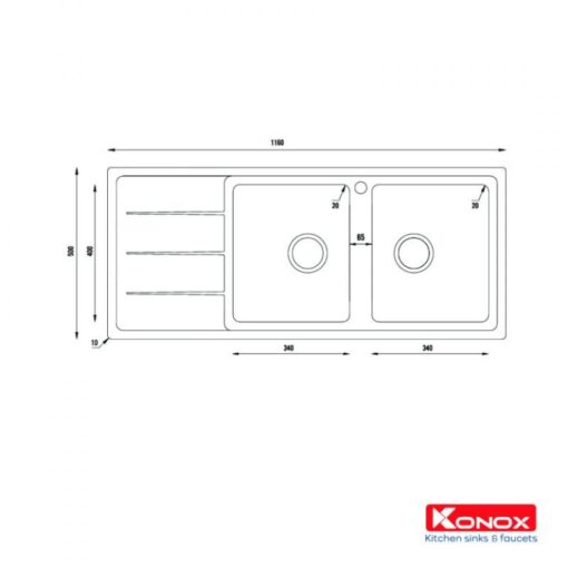 Chậu rửa Konox 116cm 2 hố Turkey sink Beta 1160 bàn trái