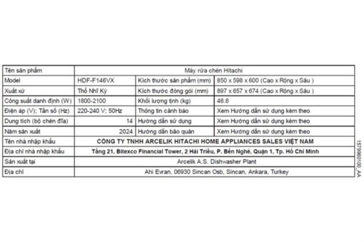 Máy rửa bát độc lập Hitachi HDF-F146VX