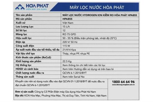 Cây lọc nước RO Hydrogen ion kiềm Hòa Phát HPA855 12 lõi