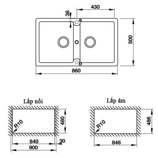 Chậu rửa đá Hafele 2 hố 86cm HS19-GEN2S90 570.36.300