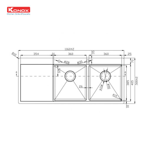 Chậu rửa Konox 2 hố Workstation Sink Topmount 116cm KN11650TD bàn trái