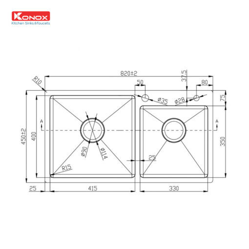 Chậu rửa Konox 2 hố lệch Overmount Sink 82cm KN8245DO