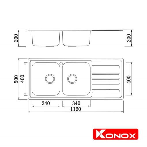 Chậu rửa Konox 2 hố European sink Artusi 116cm KS11650 1D bàn phải