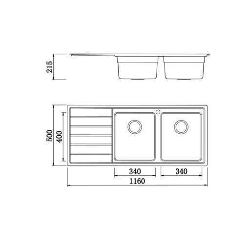 Chậu rửa Konox 2 hố European sink Premium 116cm KS11650 2B bàn trái