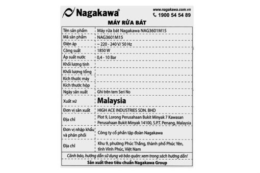 Máy rửa chén độc lập Nagakawa NAG3601M15