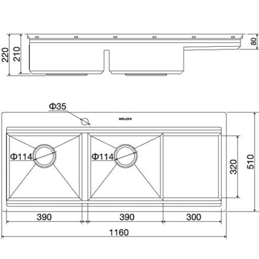 Chậu rửa Inox 116cm Malloca Slide MS 1162R