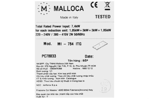 Bếp từ 4 vùng nấu lắp âm Malloca MI-784 ITG
