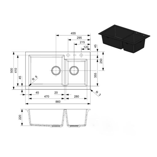 Chậu rửa 2 hố lệch Reginox 86cm đá Amsterdam 25 R31094 xám