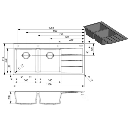 Chậu rửa 2 hố Reginox 116cm R33760 xám có bàn chờ