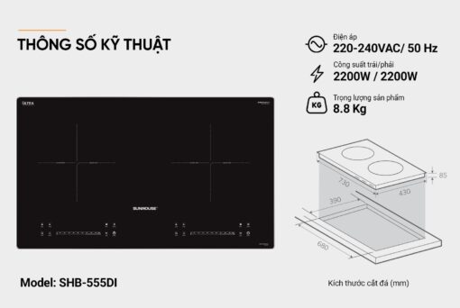 Bếp từ 2 vùng nấu Sunhouse SHB555DI 4400W kính Ceramic