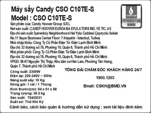 Máy sấy ngưng tụ Candy 10 kg CSO C10TE-S