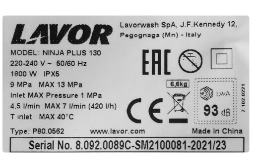 Máy xịt rửa Lavor Ninja Plus 130 7 lít/phút 2m 8kg 1800W