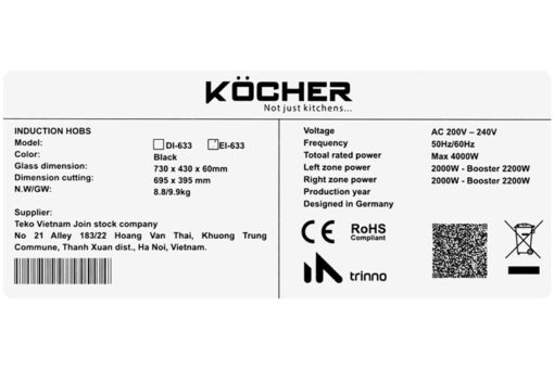 Bếp từ hồng ngoại 2 vùng nấu lắp âm 4000W Kocher EI-633
