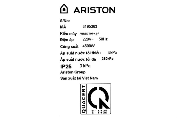 Bình nóng lạnh trực tiếp Ariston 4500W Aures Top 4.5P