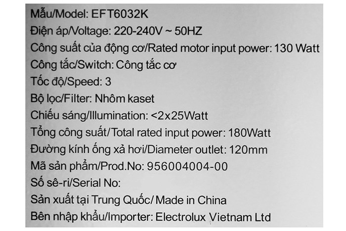 Máy hút mùi âm tủ Electrolux EFT6032K 60cm