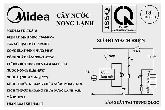Cây nước nóng lạnh Midea YD1732S-W 500W