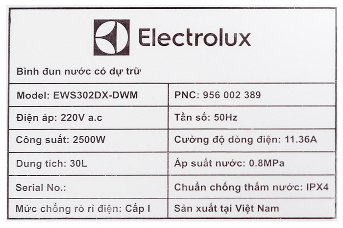 Bình nóng lạnh Electrolux 30 lít 2500W EWS302DX-DWM