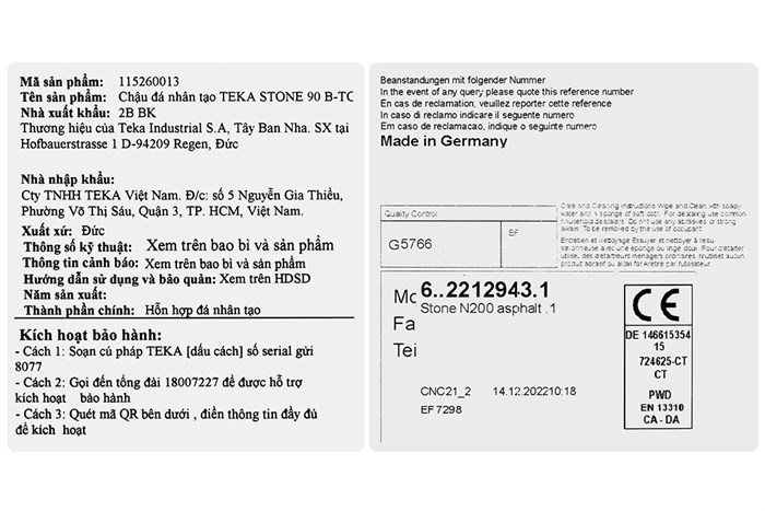 Chậu rửa chén 2 ngăn đá Teka STONE 90 B-TG 2B BK