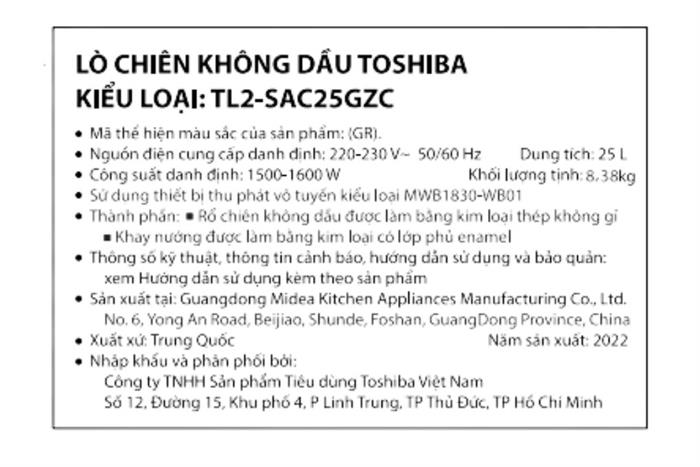 Lò chiên không dầu Toshiba TL2-SAC25GZC(GR) 25 lít