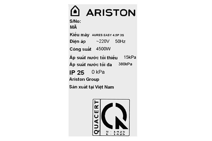 Bình nóng lạnh trực tiếp Ariston 4500W Aures Easy 4,5P (có bơm)