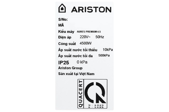 Bình nóng lạnh trực tiếp Ariston 4500W Aures Premium 4.5