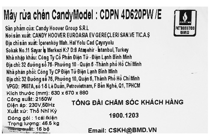 Máy rửa chén độc lập Candy CDPN 4D620PW/E
