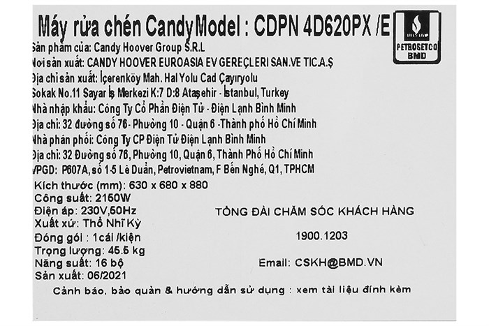 Máy rửa chén độc lập Candy CDPN 4D620PX/E