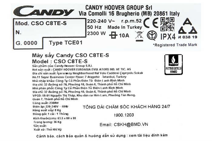 Máy sấy ngưng tụ Candy 8 Kg CSO C8TE-S
