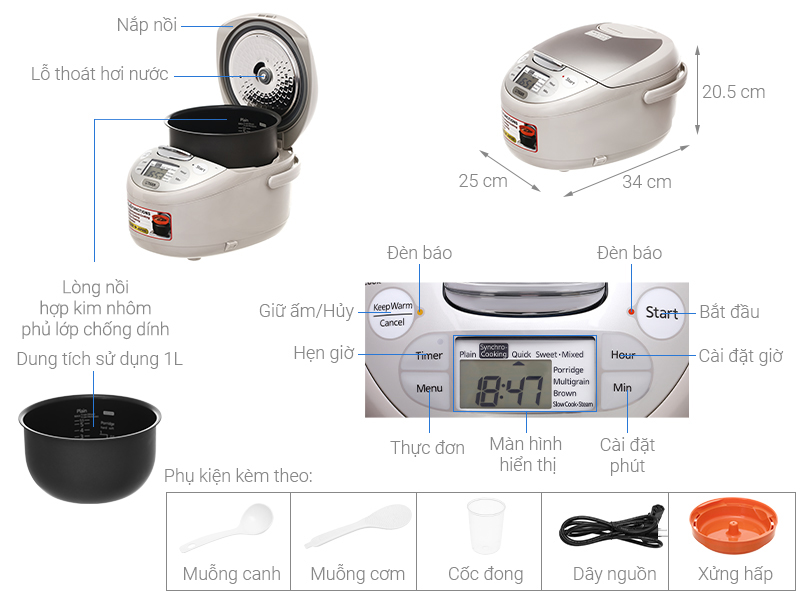 Nồi cơm điện tử Tiger JAX-S10W 1 lít