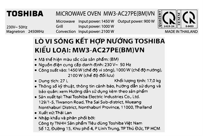 Lò vi sóng có nướng Toshiba MW3-AC27PE(BM)VN 27 lít