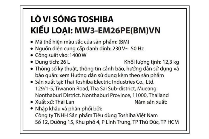 Lò vi sóng Toshiba MW3-EM26PE(BM)VN 26 lít