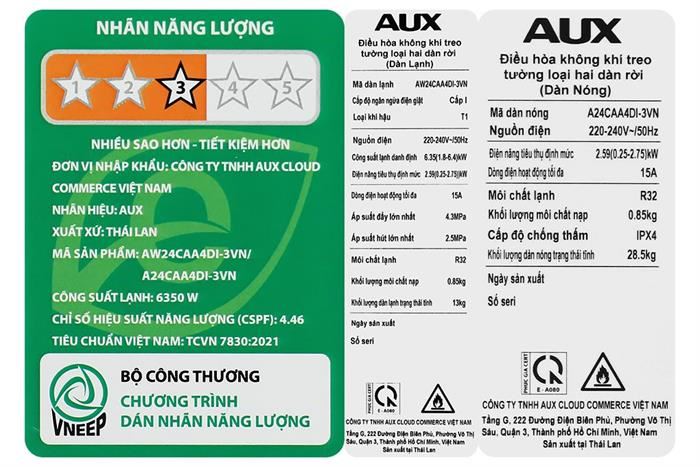 Điều hoà AUX 21600btu Inverter 2.5 HP AW24CAA4DI-3VN