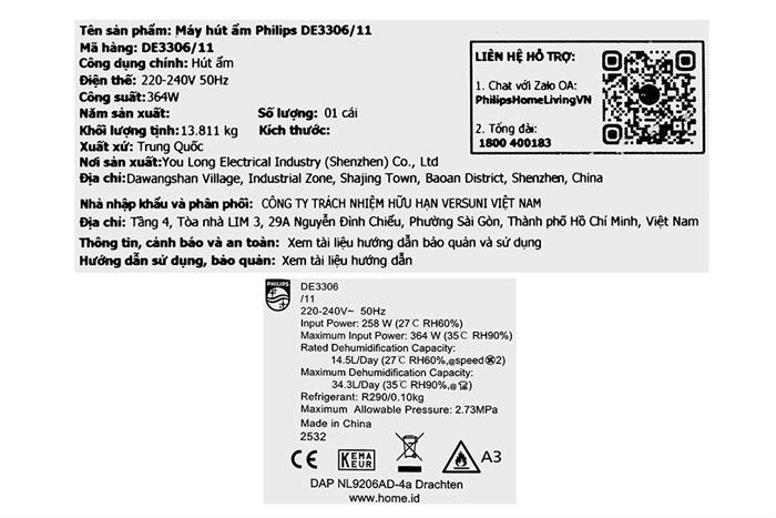 Máy hút ẩm Philips 4 lít DE3306/11 364W