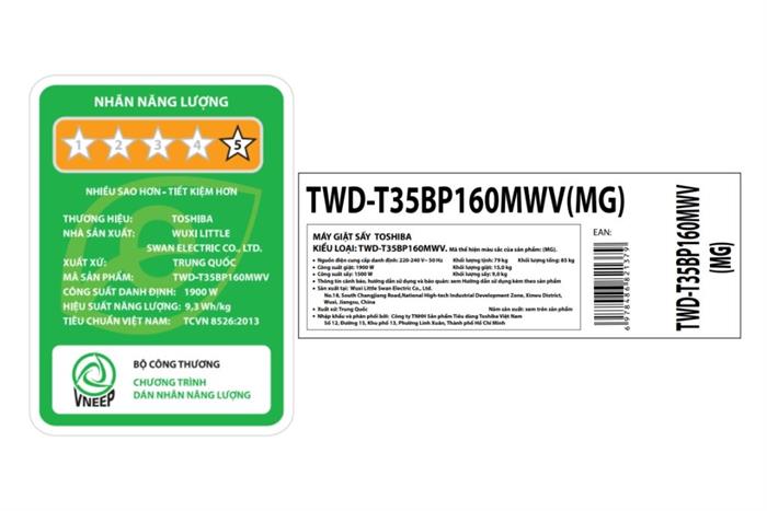 Máy giặt sấy Toshiba cửa trước Inverter 15kg TWD-T35BP160MWV(MG)