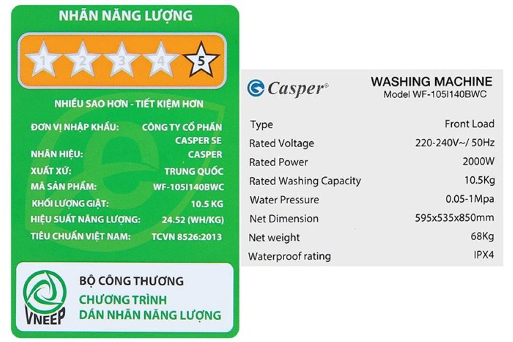 Máy giặt cửa trước Casper lồng ngang Inverter WF-105I140BWC 10.5 KG