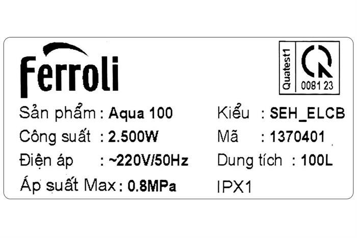 Bình nước nóng gián tiếp Ferroli Aqua 100 lít 2500W SEH_ELCB