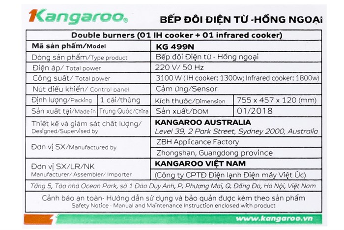 Bếp từ hồng ngoại đôi âm Kangaroo KG499N 3100W