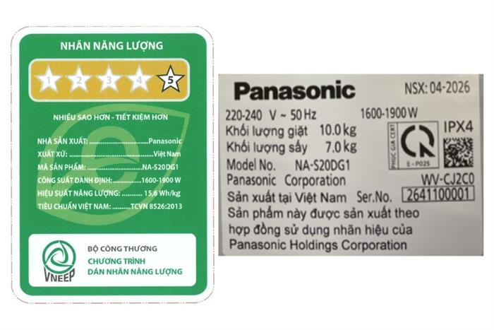 Máy giặt sấy lồng ngang Panasonic Inverter cửa trước giặt 10kg NA-S20DG1BVT