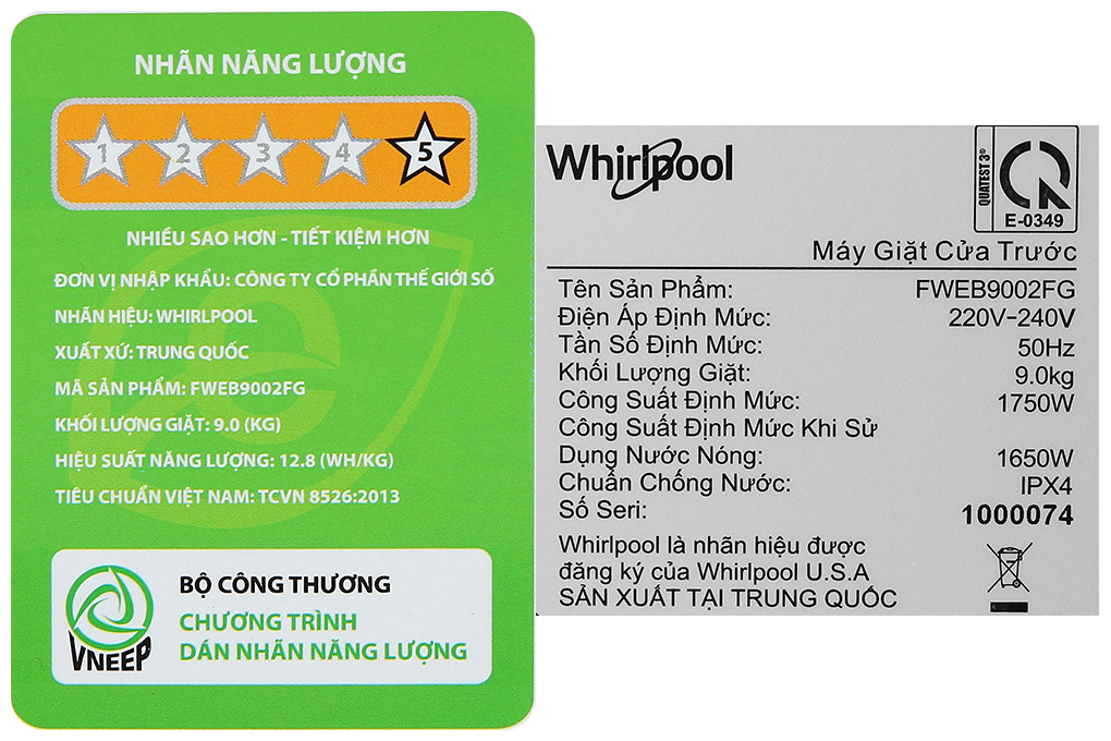 Máy giặt cửa trước Whirlpool lồng ngang Inverter 9 Kg FWEB9002FG